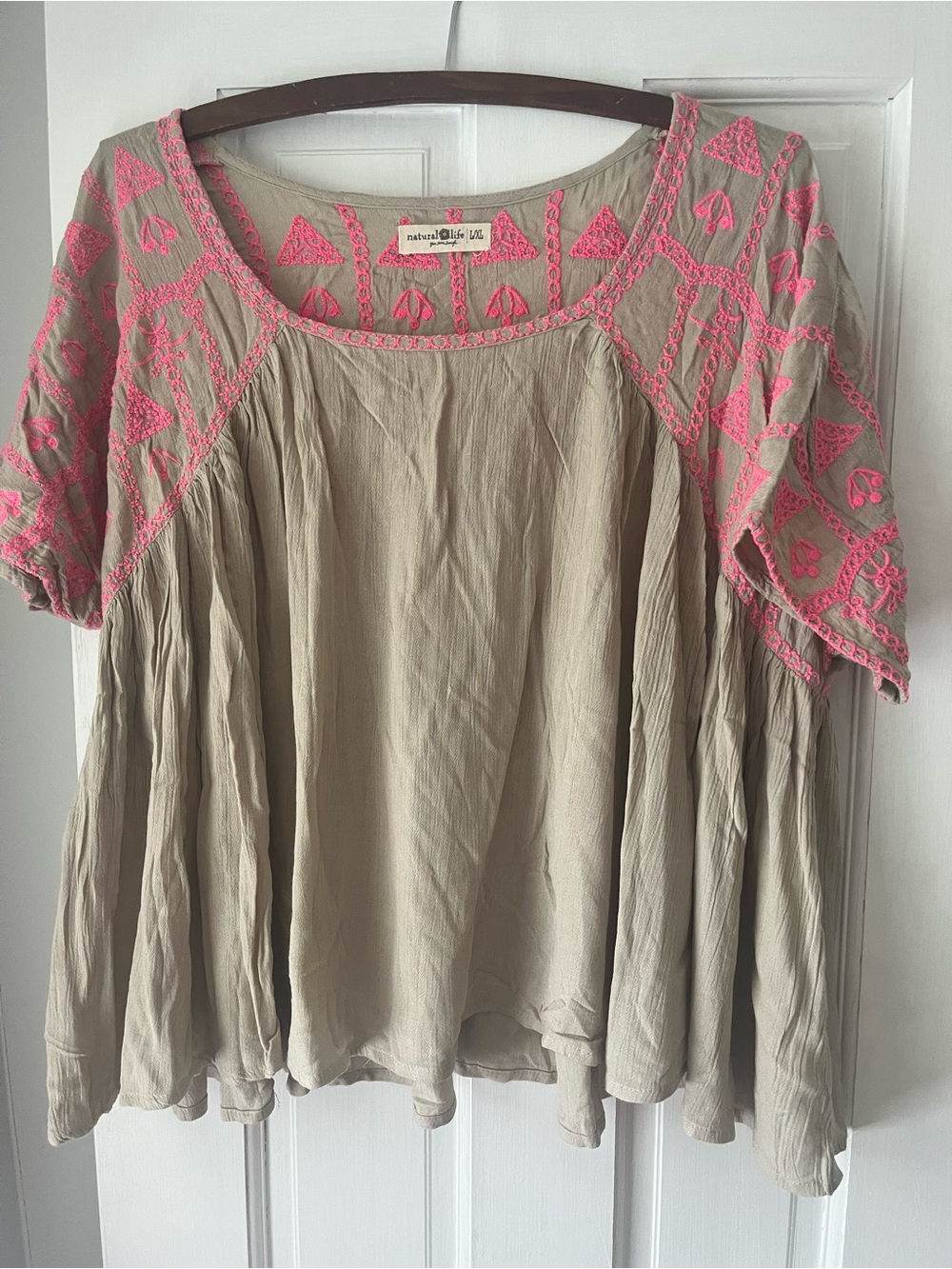 BohoNatural Life Taupe Peasant Top with Pink Embroidery